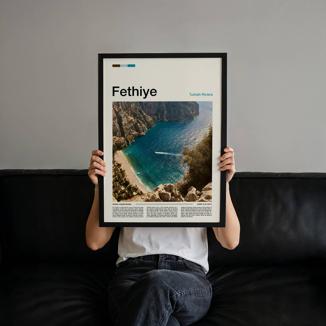 Fethiye Turquoise Cove From Above Travel Print held up by hand to show the size of the print