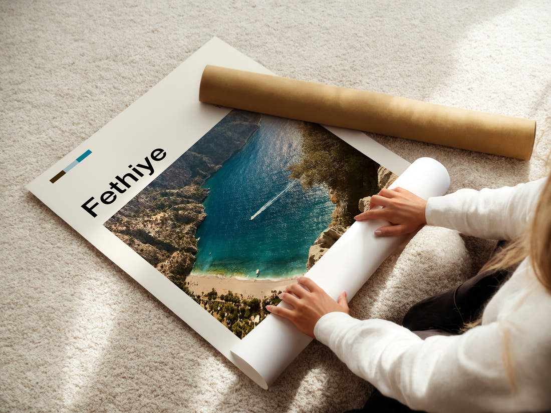 Fethiye Turquoise Cove From Above Travel Print being unrolled from its postal tube