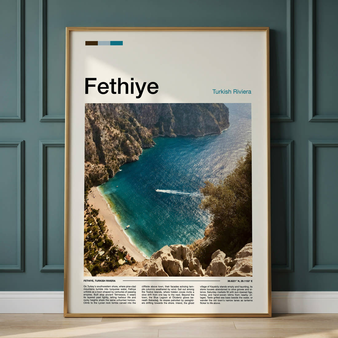 Fethiye Turquoise Cove From Above Travel Print framed on the wall of a calm, neutral bedroom