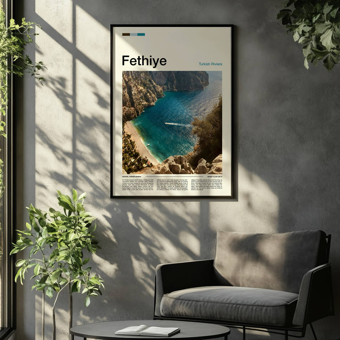 Fethiye Turquoise Cove From Above Travel Print framed on the wall of a relaxed living room