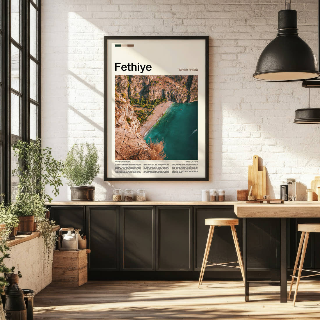 Fethiye Aerial Coastal Cliffs Travel Print framed on the wall of a bright kitchen and dining space