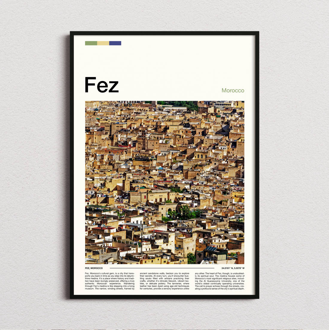 Fez Medina Rooftops Travel Print framed and photographed straight on