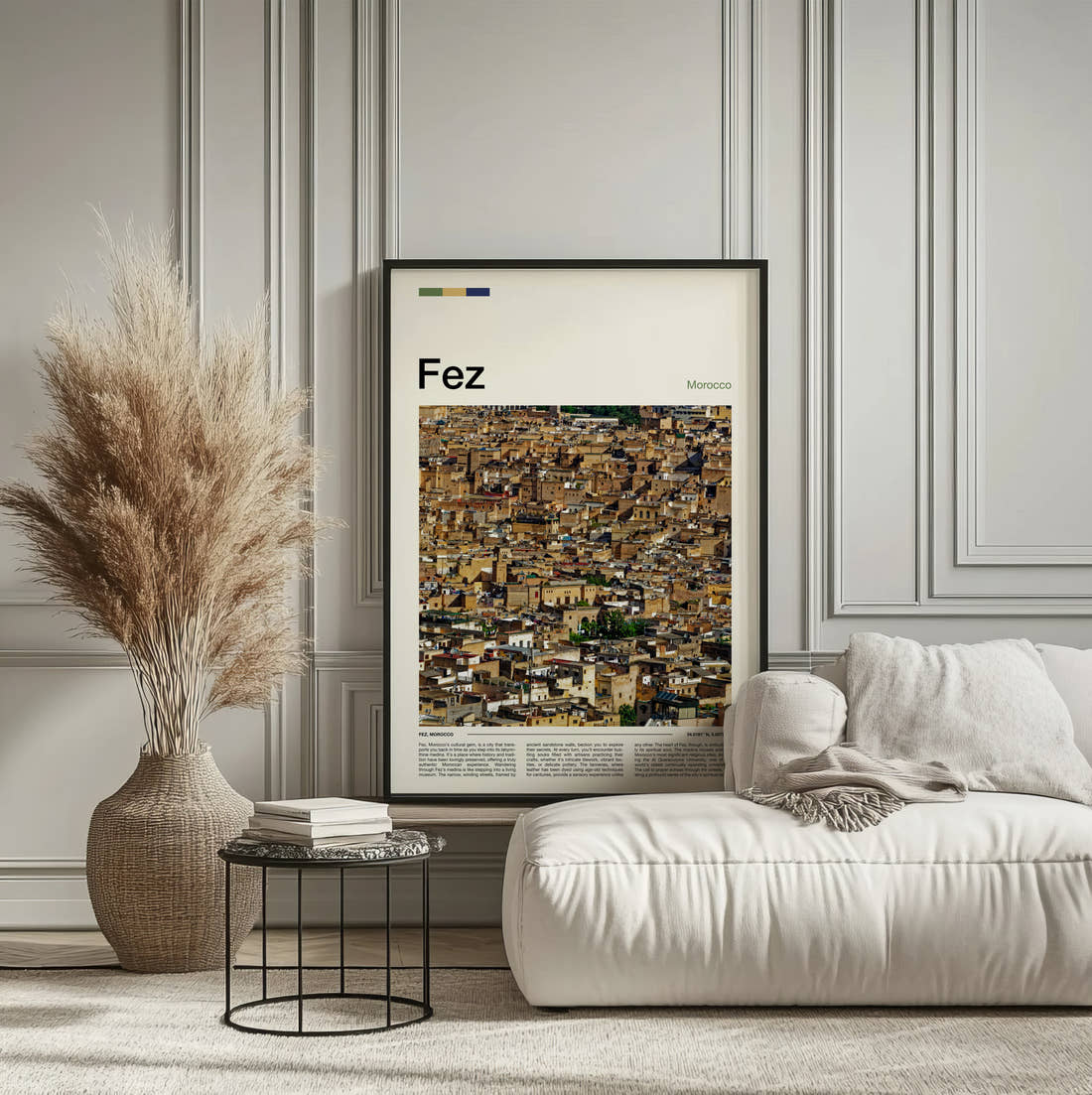 Fez Medina Rooftops Travel Print framed on the wall of a calm, neutral bedroom