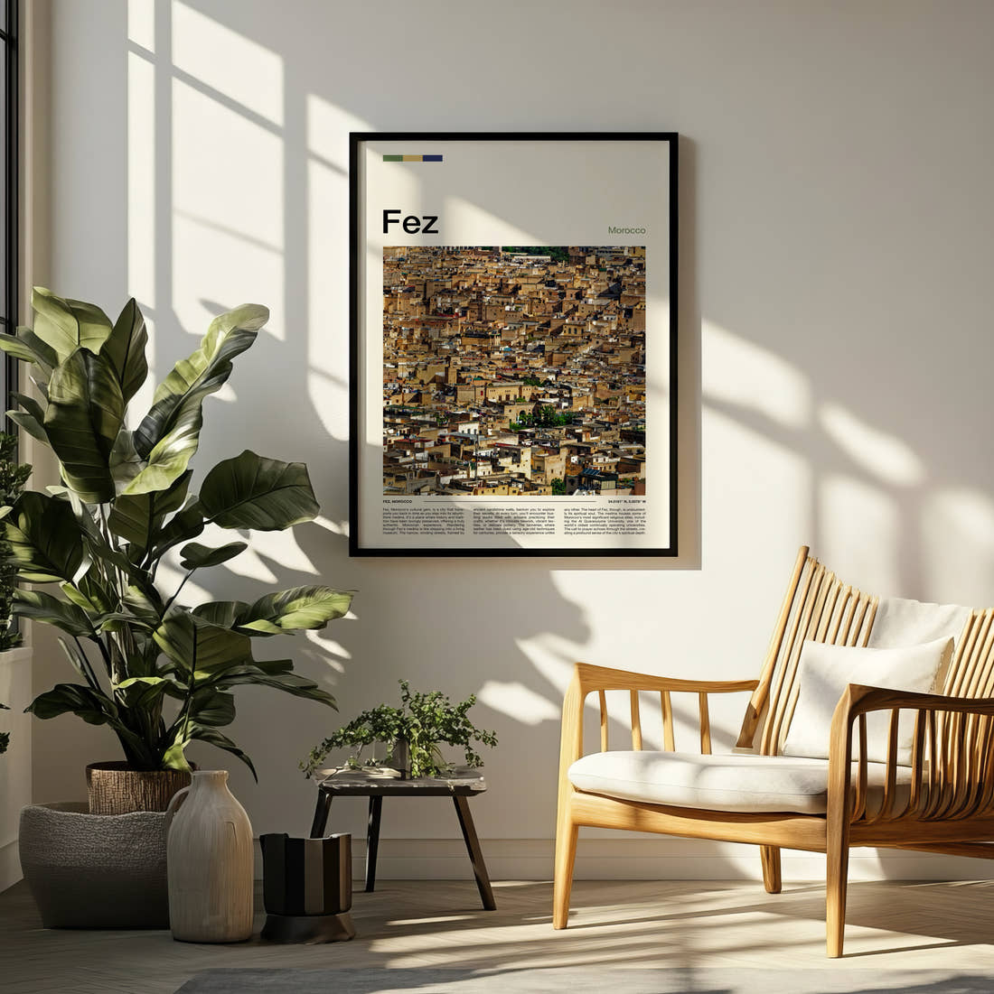 Fez Medina Rooftops Travel Print framed on a pale wall beside houseplants