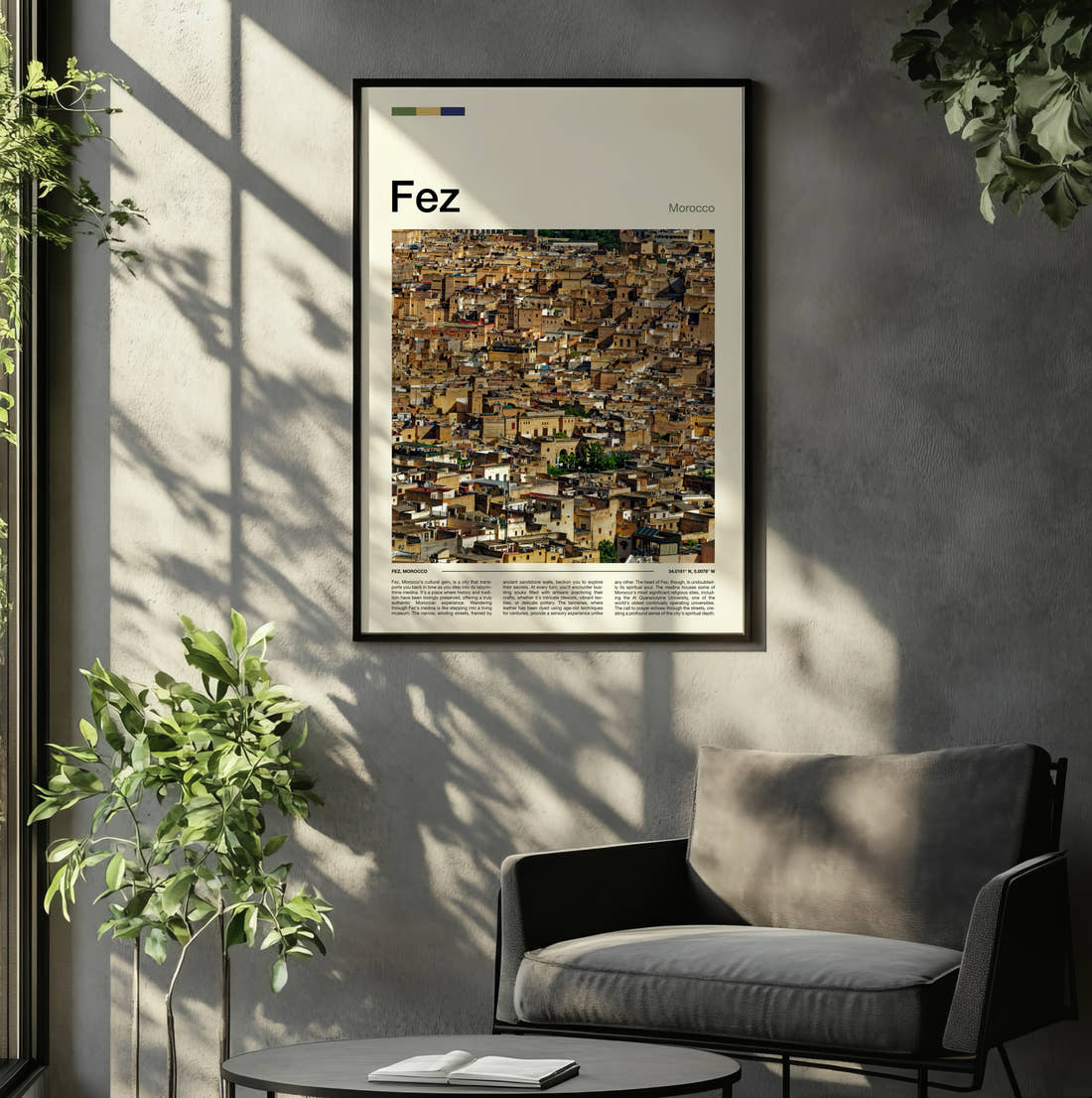 Fez Medina Rooftops Travel Print framed on the wall of a relaxed living room