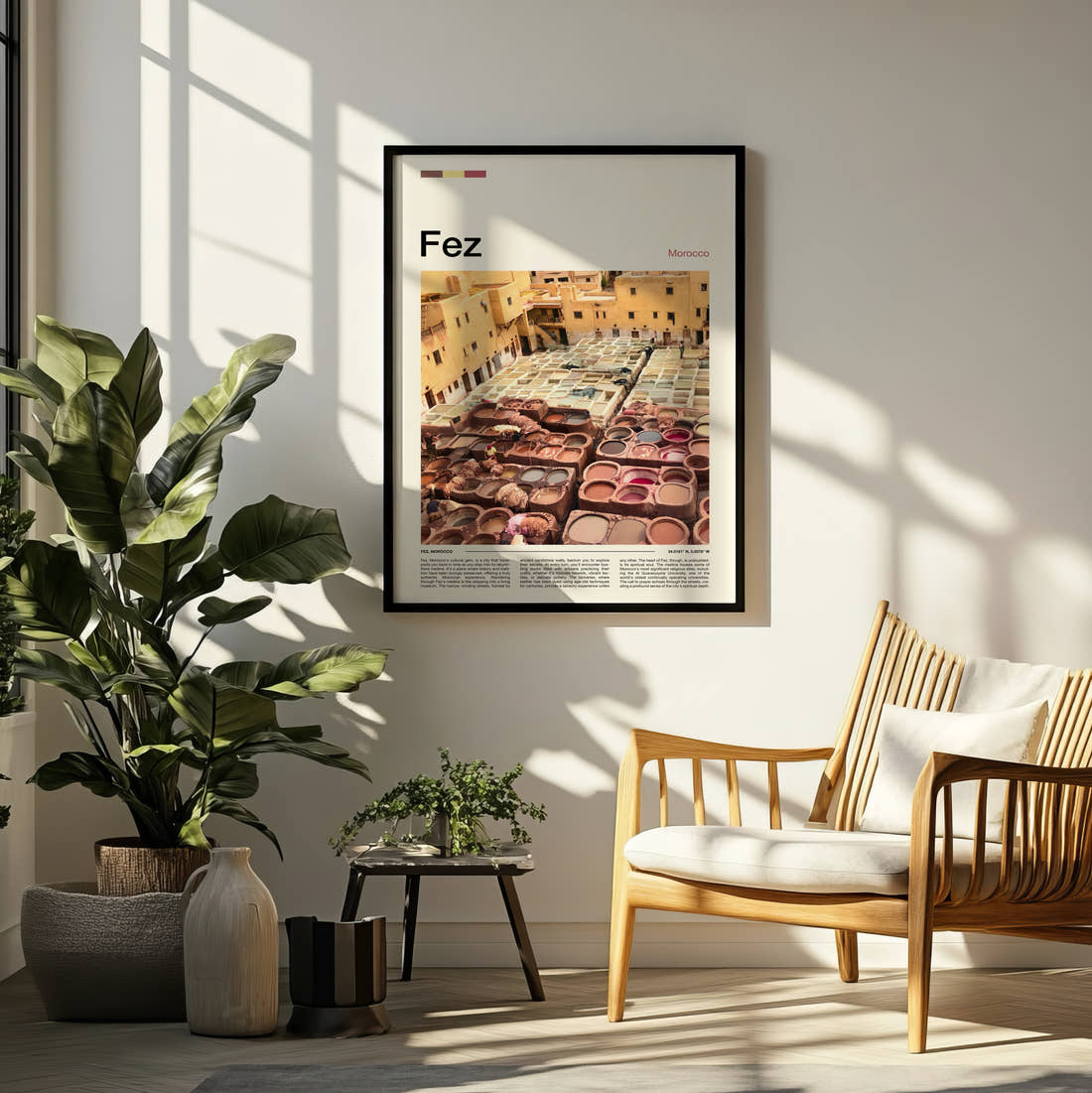 Fez Tannery Dye Pits Travel Print framed on a pale wall beside houseplants