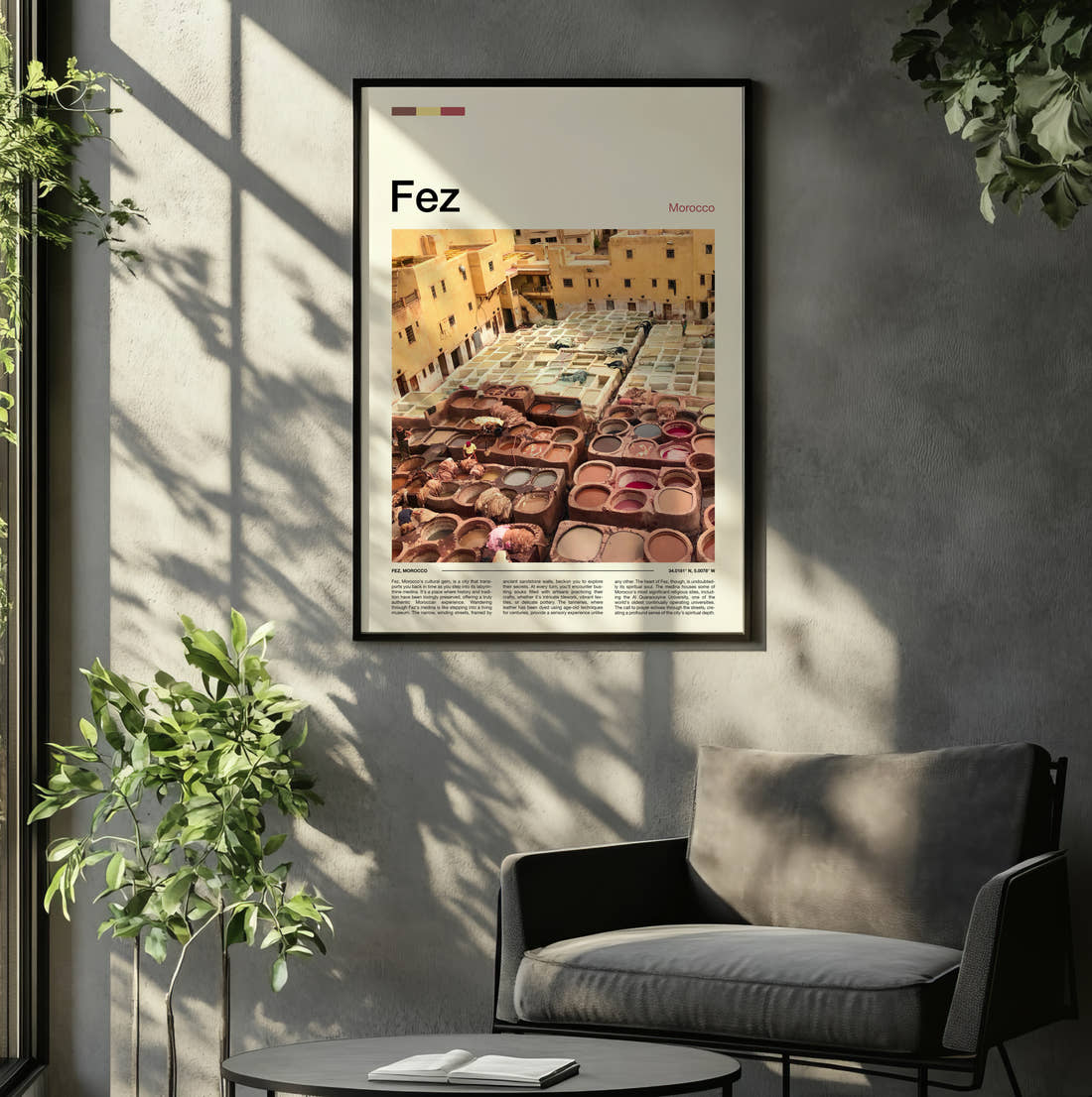 Fez Tannery Dye Pits Travel Print framed on the wall of a relaxed living room