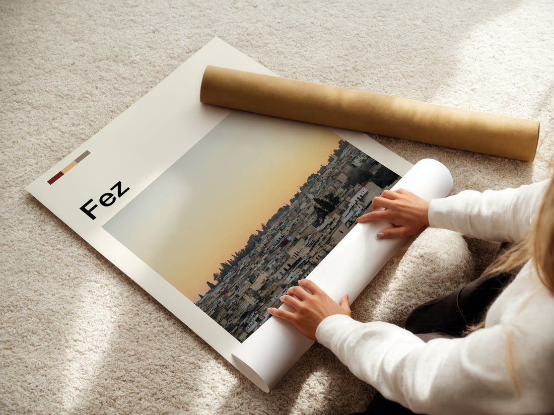 Fez Hazy City View Travel Print being unrolled from its postal tube