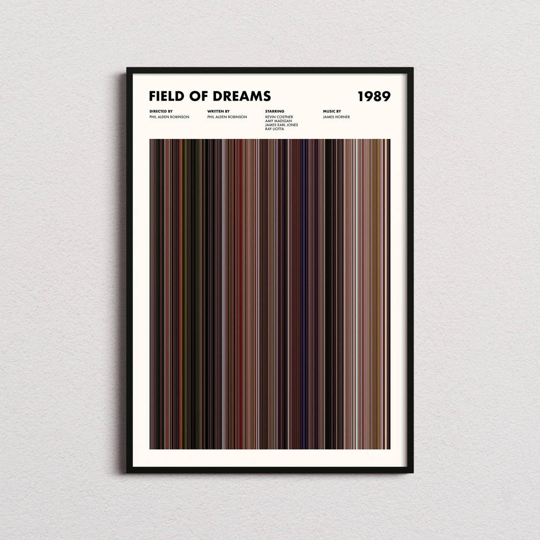 Field Of Dreams Movie Barcode Poster framed on a plain studio wall