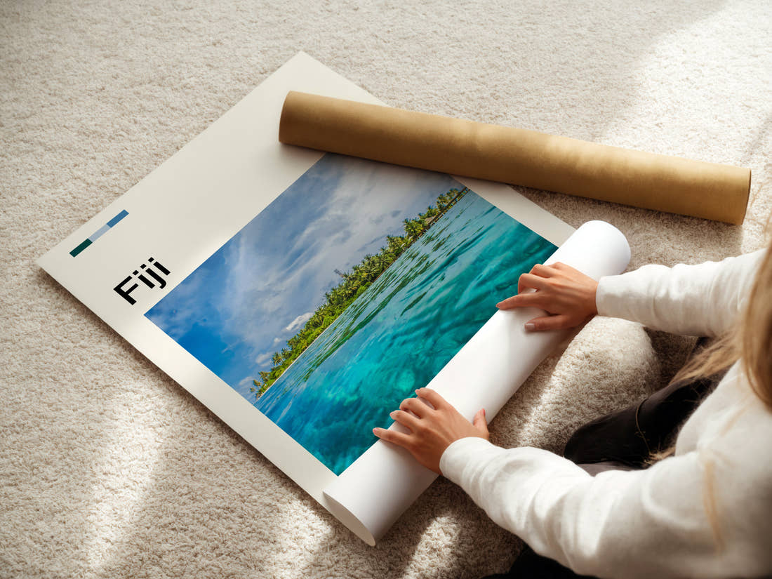 Fiji Split-Level Lagoon View Travel Print being unrolled from its postal tube