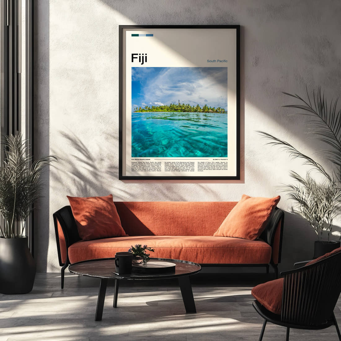 Fiji Split-Level Lagoon View Travel Print framed on the wall of a modern living room