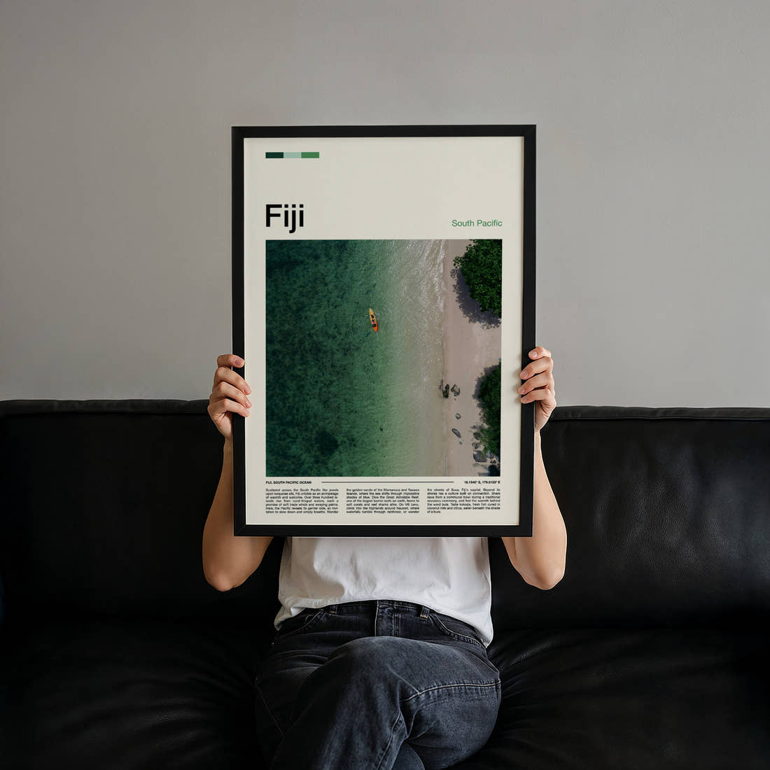 Fiji Turquoise Lagoon From Above Travel Print held up by hand to show the size of the print