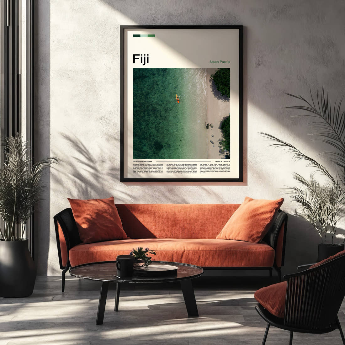 Fiji Turquoise Lagoon From Above Travel Print framed on the wall of a modern living room