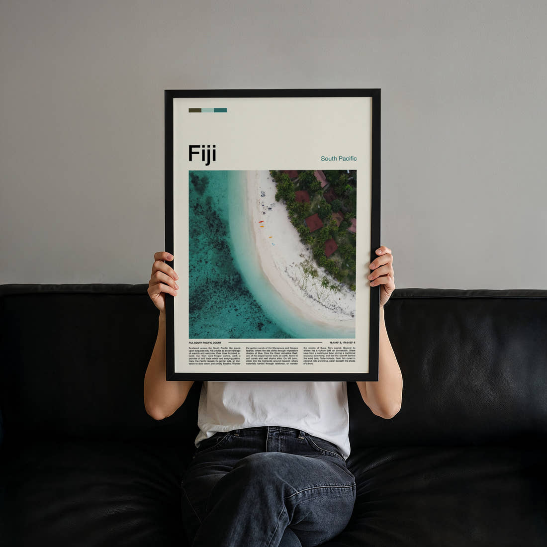 Fiji Aerial Beach View Travel Print held up by hand to show the size of the print