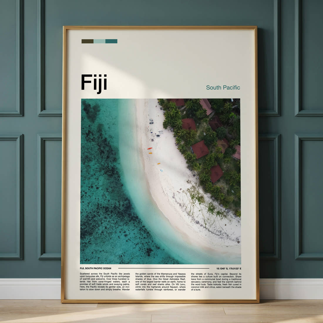 Fiji Aerial Beach View Travel Print framed on the wall of a calm, neutral bedroom