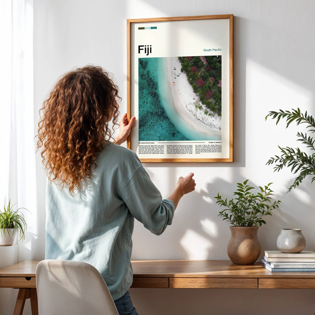 Fiji Aerial Beach View Travel Print framed on a pale wall beside houseplants