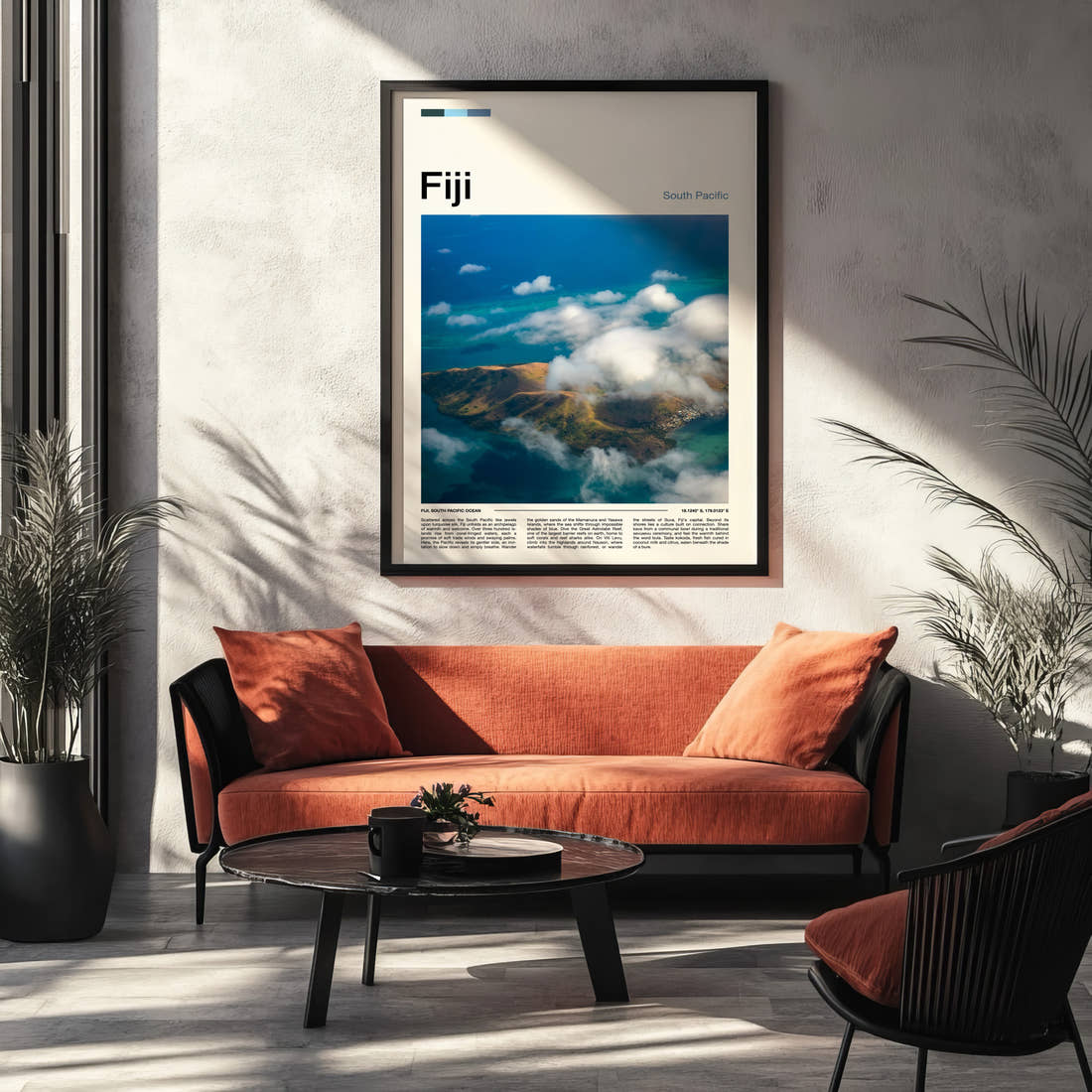 Fiji Cloud-Wreathed Island Travel Print framed on the wall of a modern living room