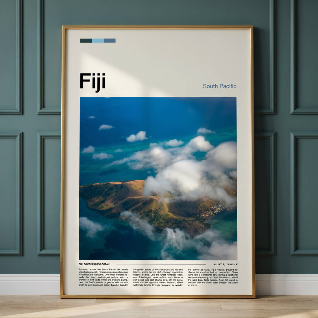 Fiji Cloud-Wreathed Island Travel Print framed on the wall of a calm, neutral bedroom