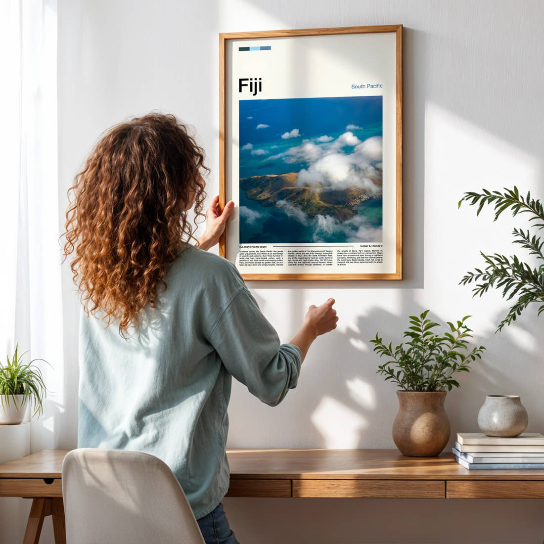 Fiji Cloud-Wreathed Island Travel Print framed on a pale wall beside houseplants