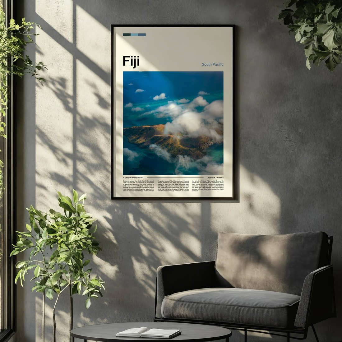 Fiji Cloud-Wreathed Island Travel Print framed on the wall of a relaxed living room