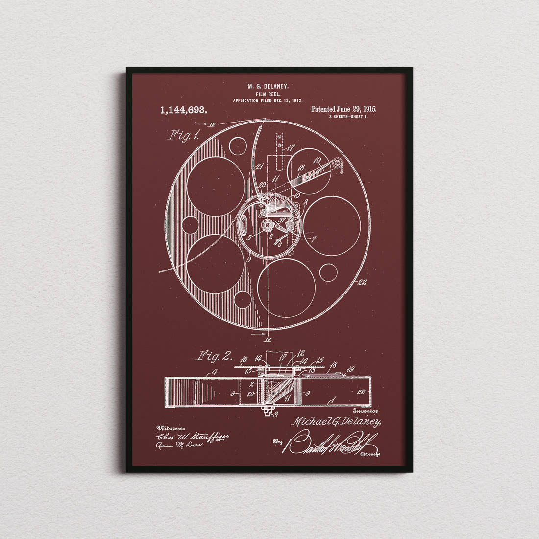 Film Reel Patent Print in the burgundy colourway, framed