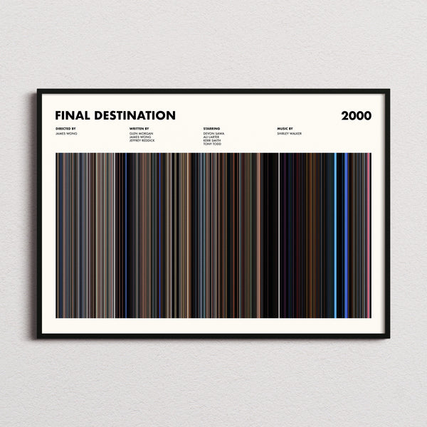 Final Destination Movie Barcode Poster framed and photographed straight on