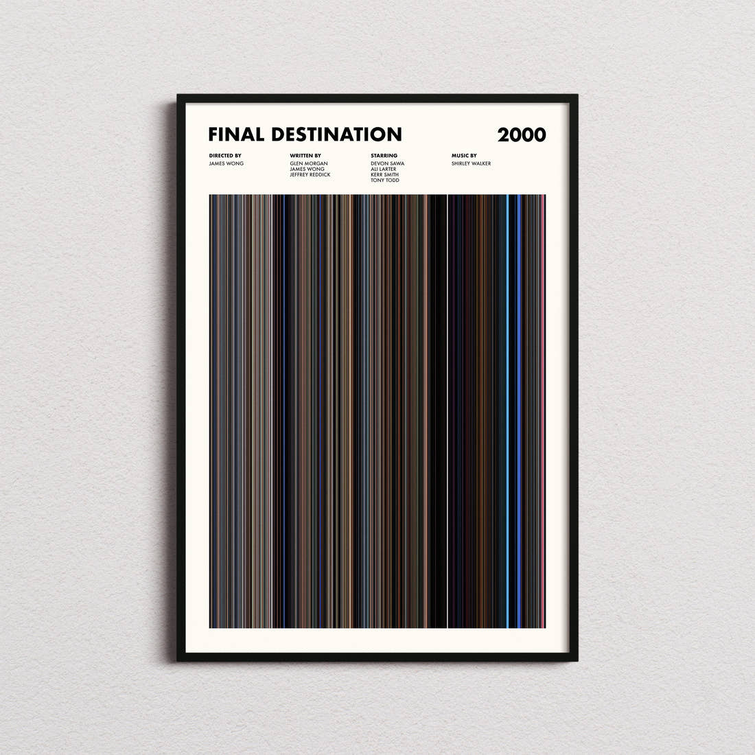 Final Destination Movie Barcode Poster framed on a plain studio wall