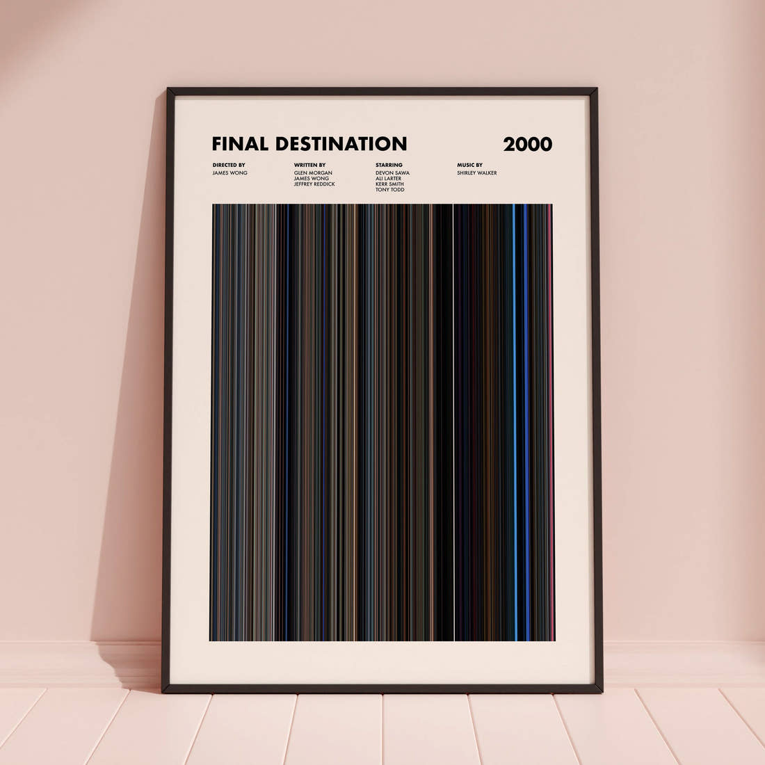 Final Destination Movie Barcode Poster framed and leaning against a coloured wall