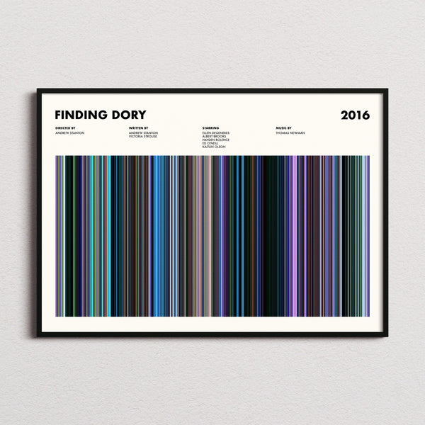 Finding Dory Movie Barcode Poster framed and photographed straight on