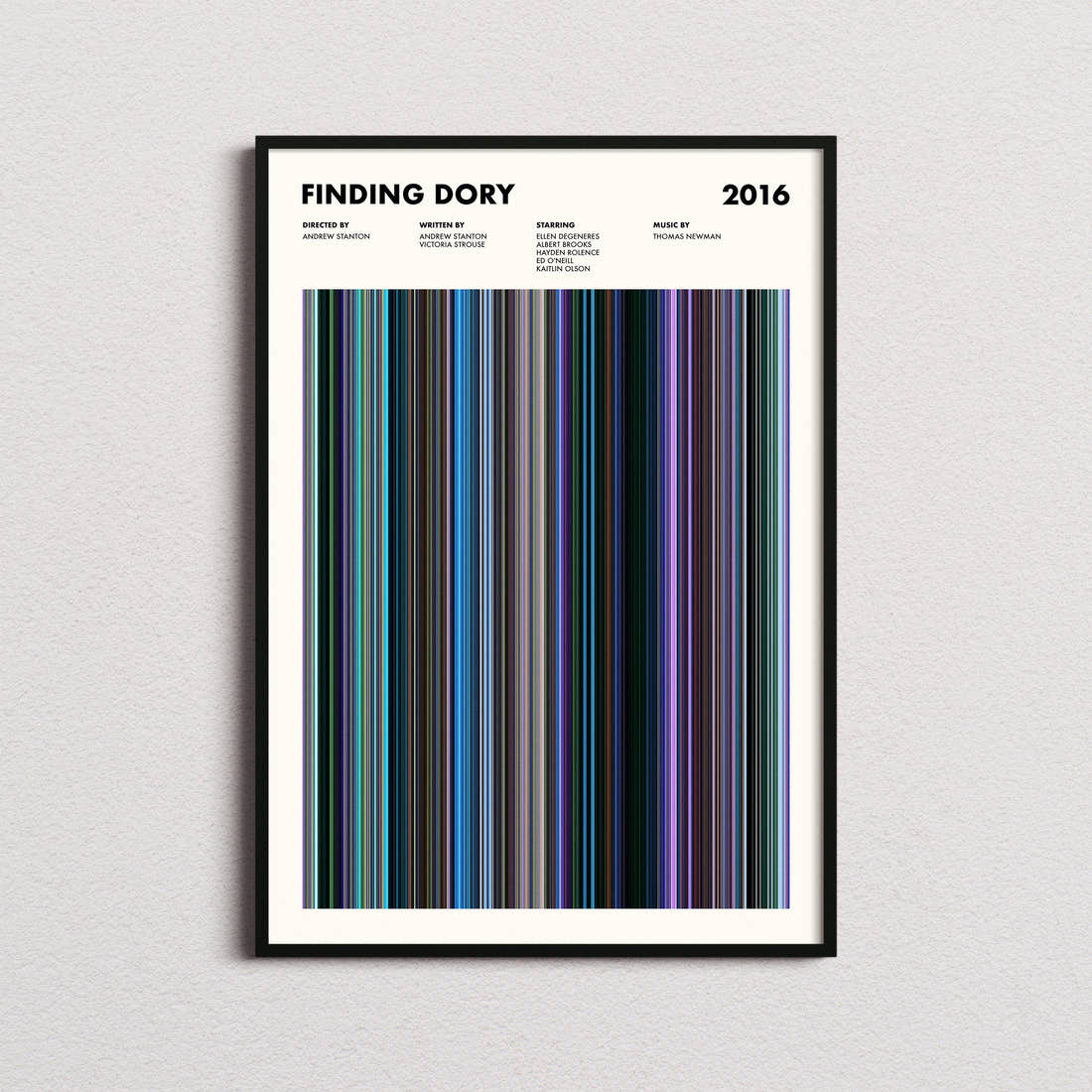 Finding Dory Movie Barcode Poster framed on a plain studio wall