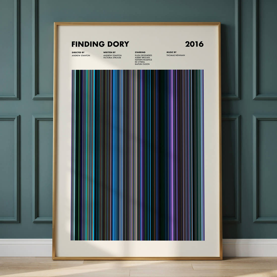 Finding Dory Movie Barcode Poster framed and leaning against a panelled wall