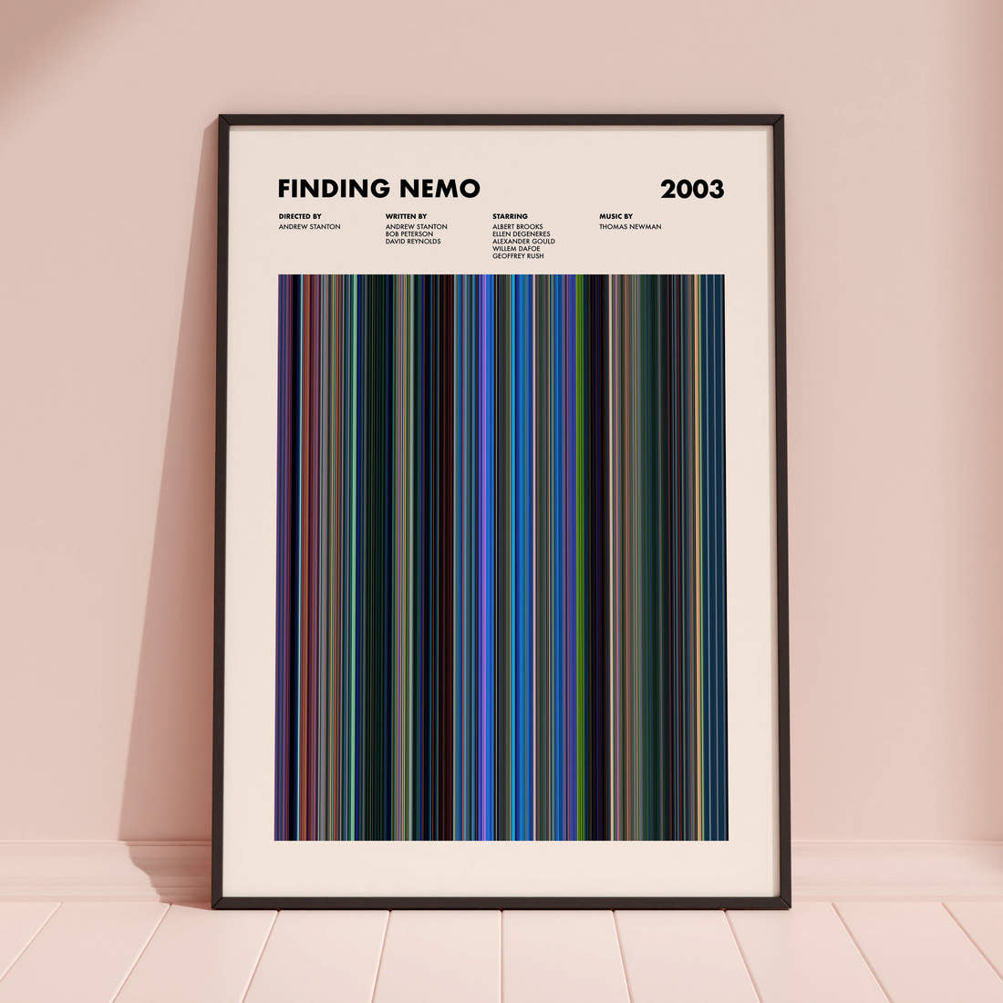 Finding Nemo Movie Barcode Poster framed and leaning against a coloured wall