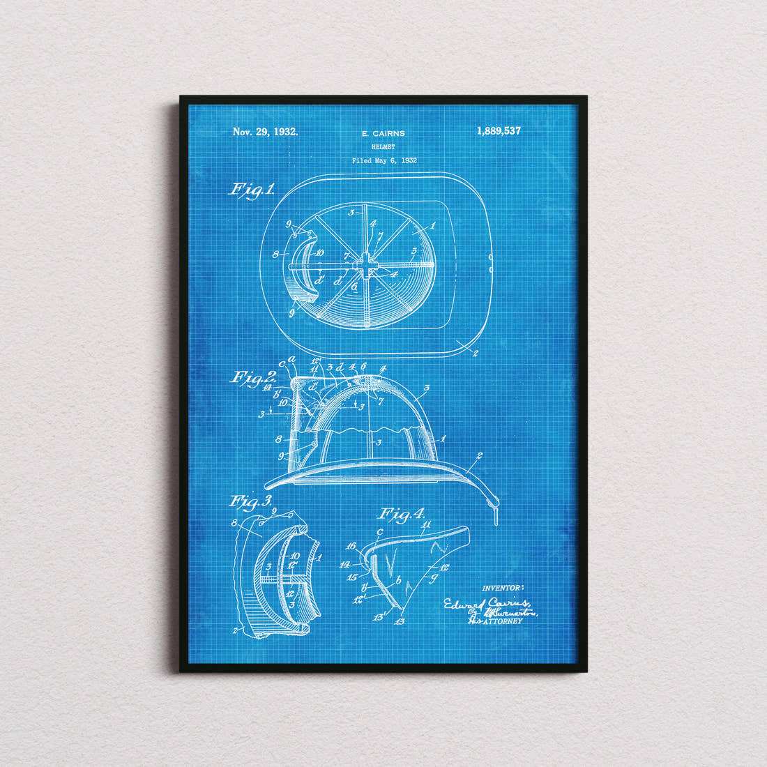 Fire Helmet Patent Print in the blueprint colourway, framed