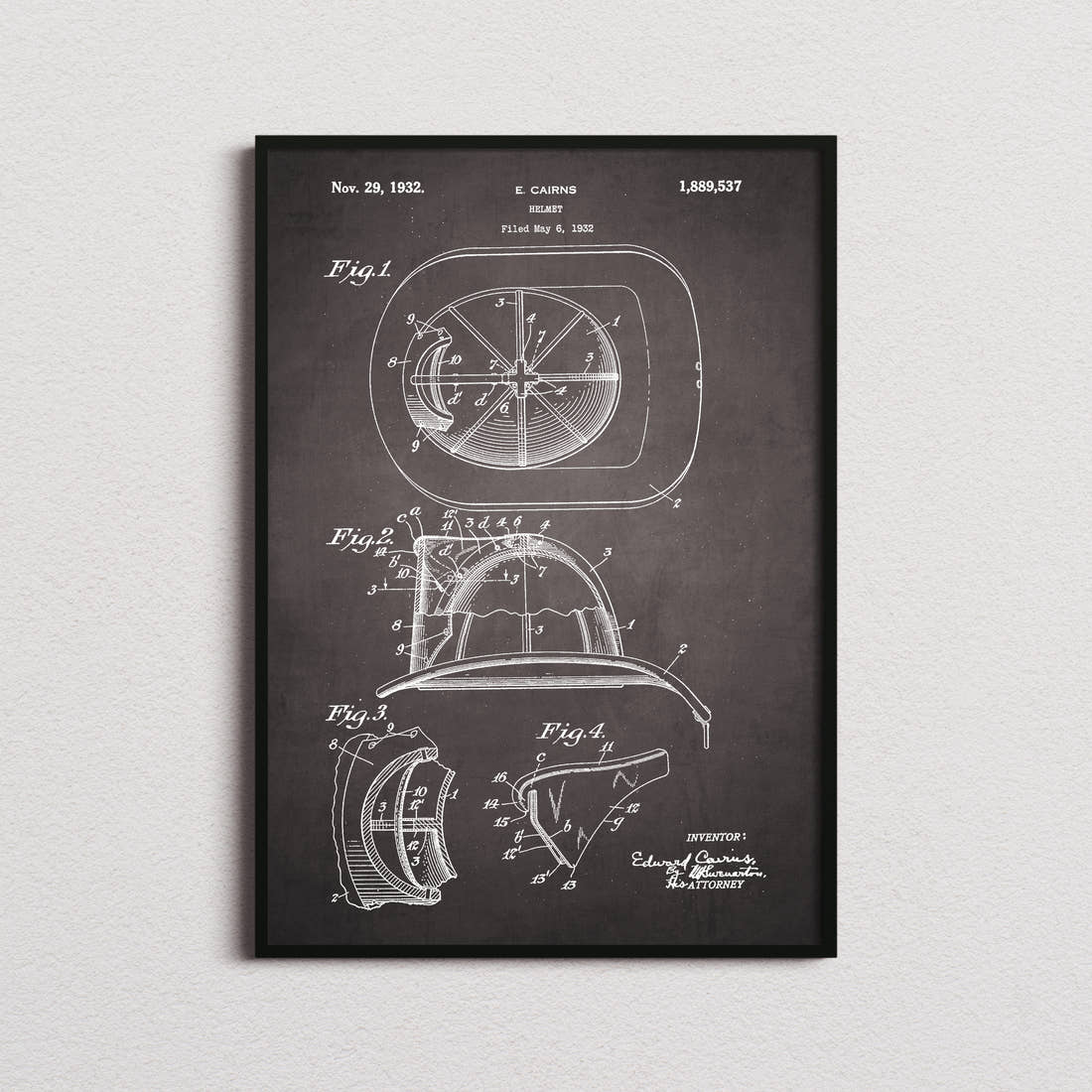 Fire Helmet Patent Print in the blackboard colourway, framed