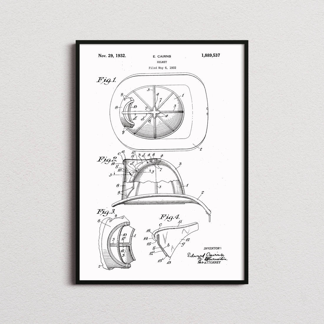Fire Helmet Patent Print in the white colourway, framed