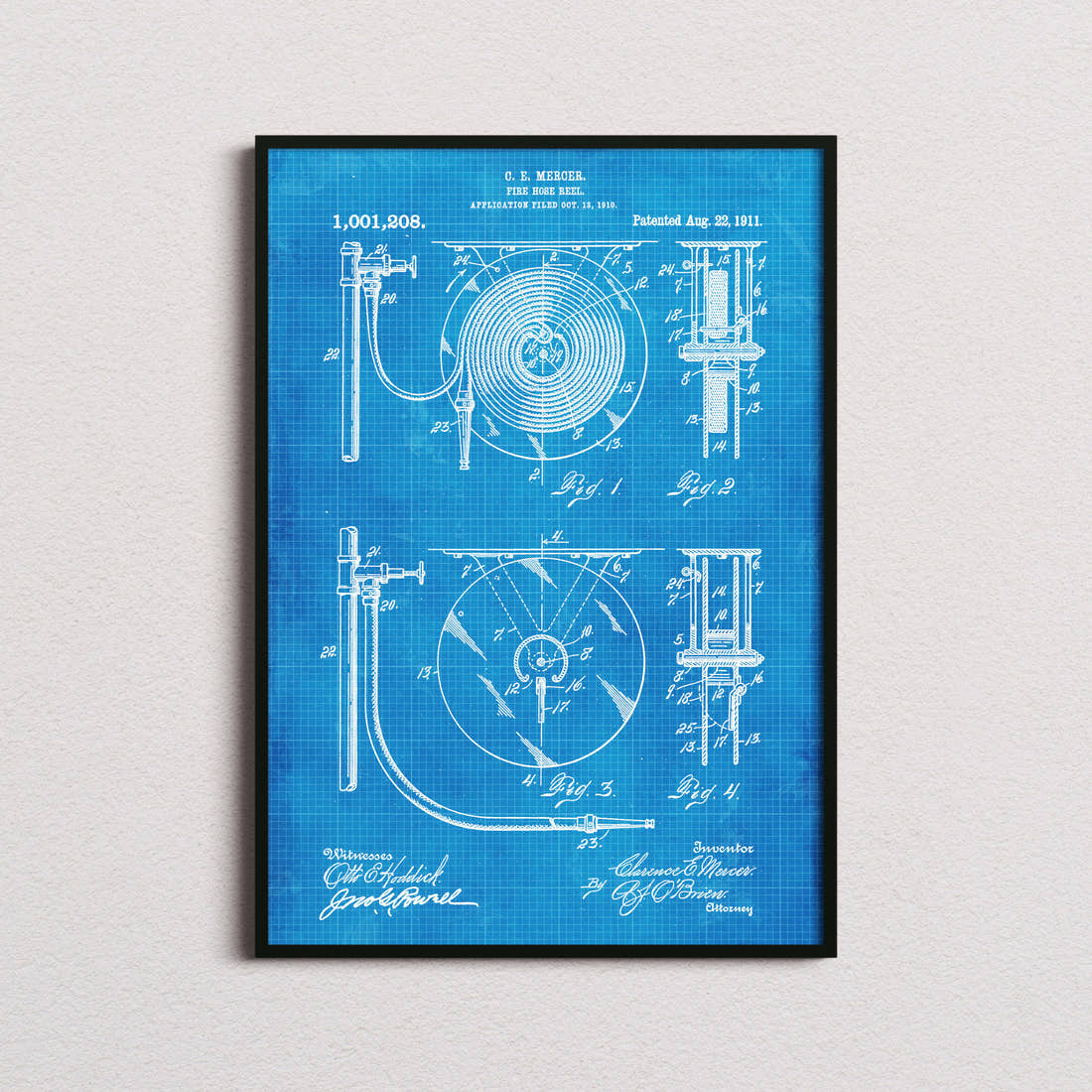 Fire Hose Reel Patent Print in the blueprint colourway, framed
