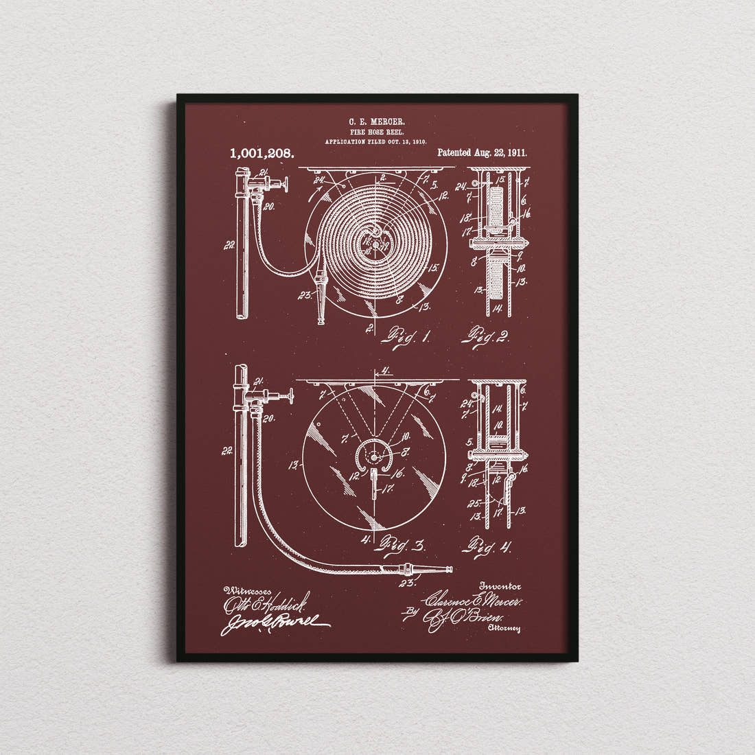 Fire Hose Reel Patent Print in the burgundy colourway, framed