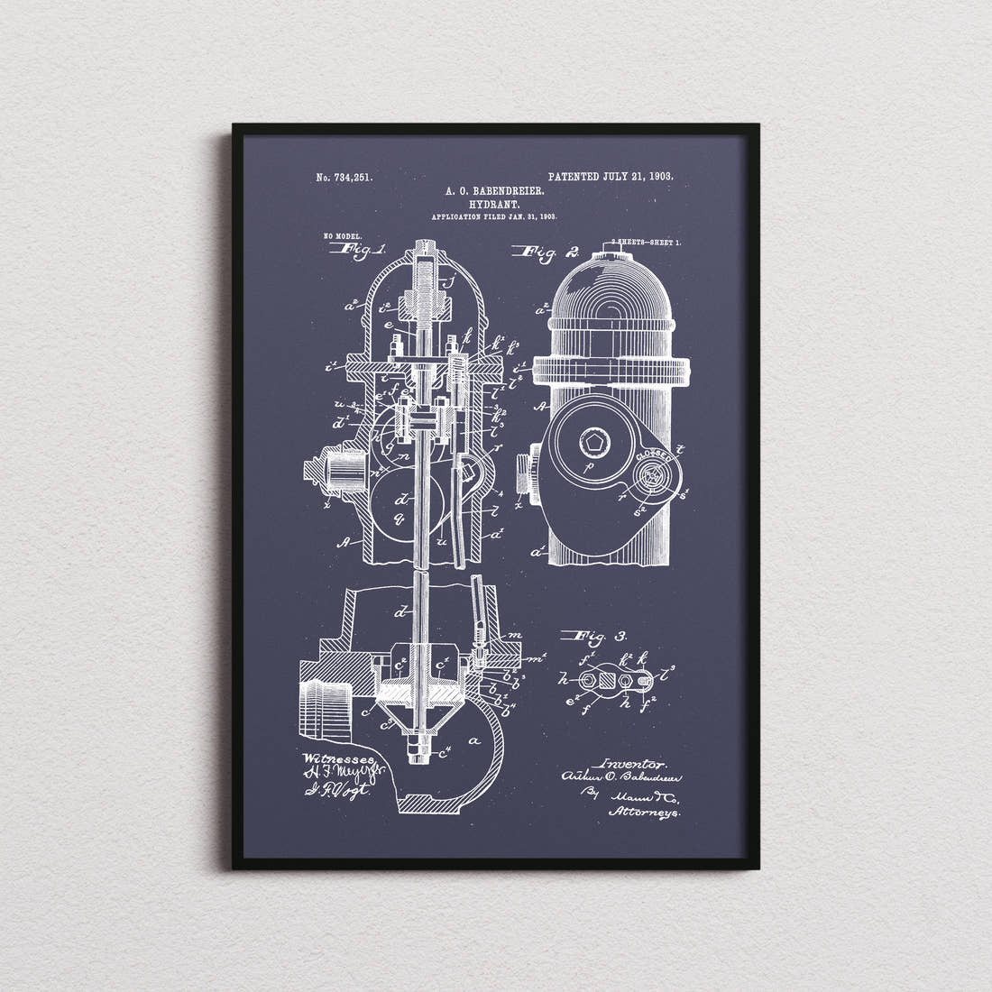 Fire Hydrant Patent Print in the navy colourway, framed