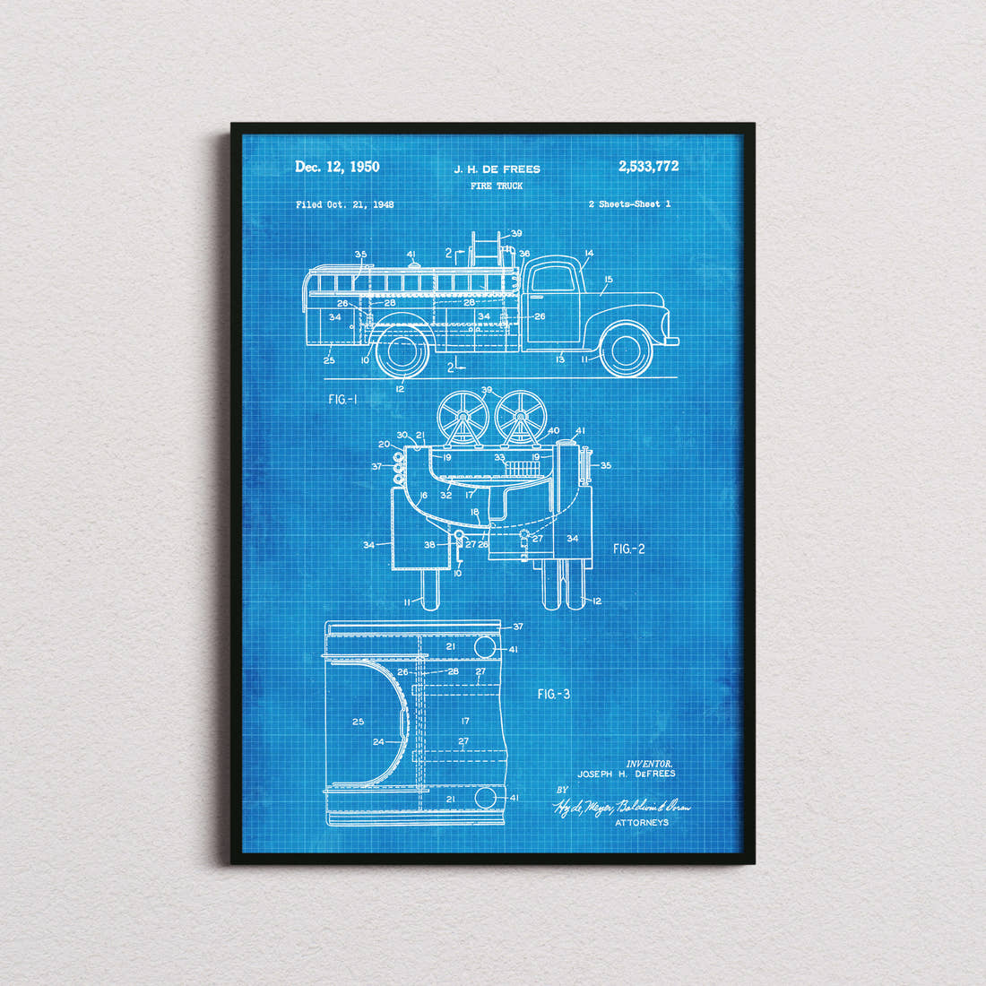 Fire Truck Patent Print in the blueprint colourway, framed