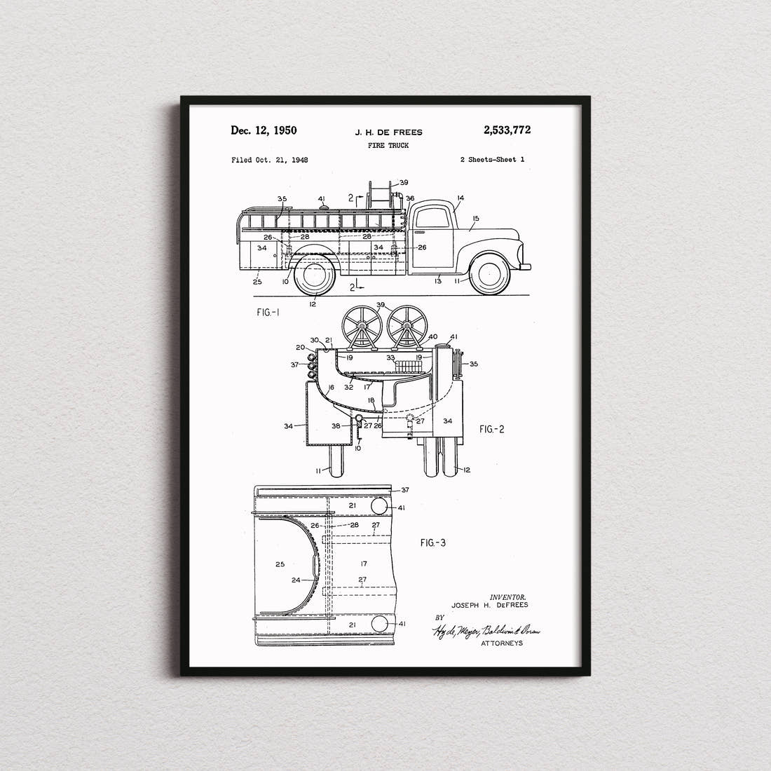 Fire Truck Patent Print in the white colourway, framed