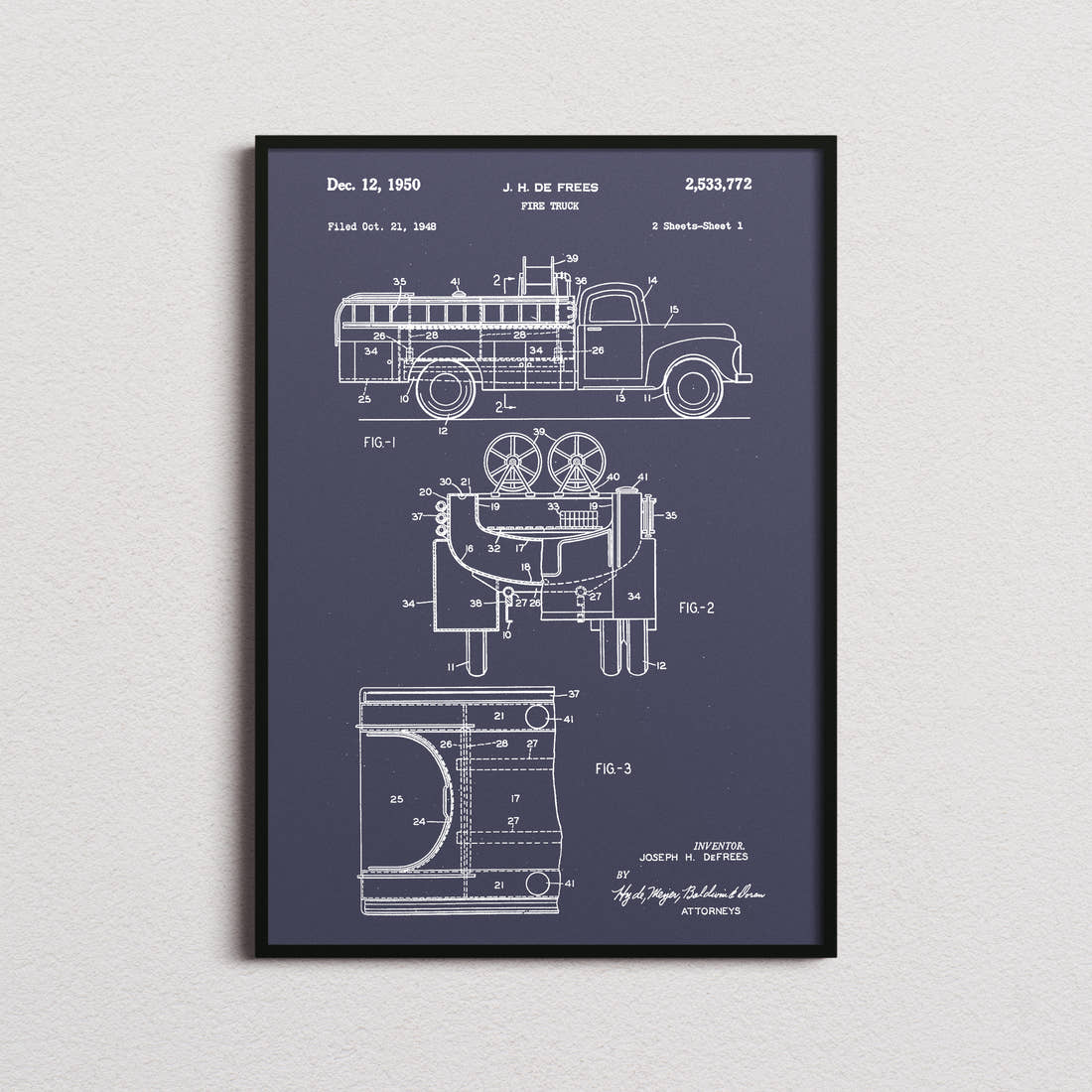 Fire Truck Patent Print in the navy colourway, framed