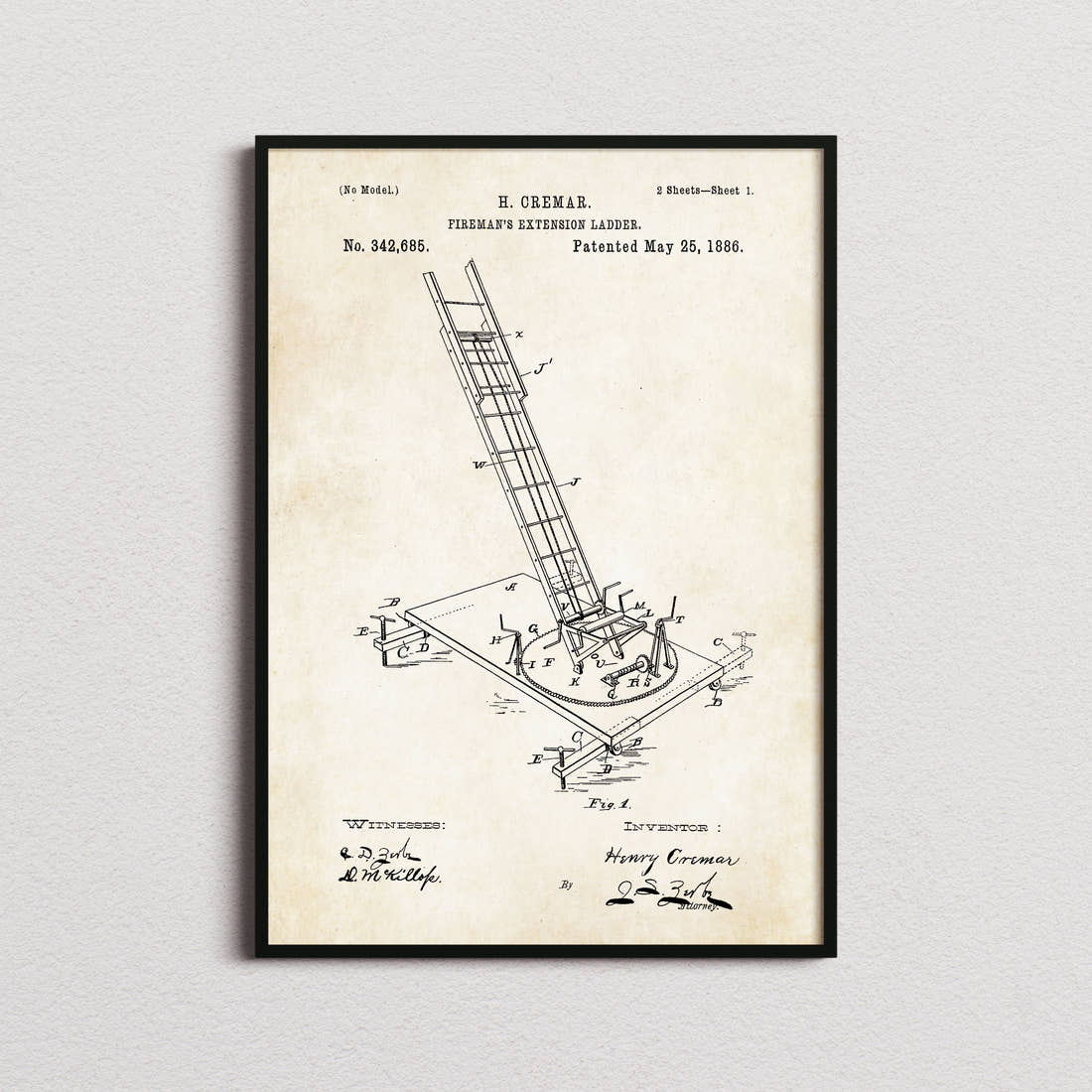 Firemens Extension Ladder Patent Print in the aged paper colourway, framed