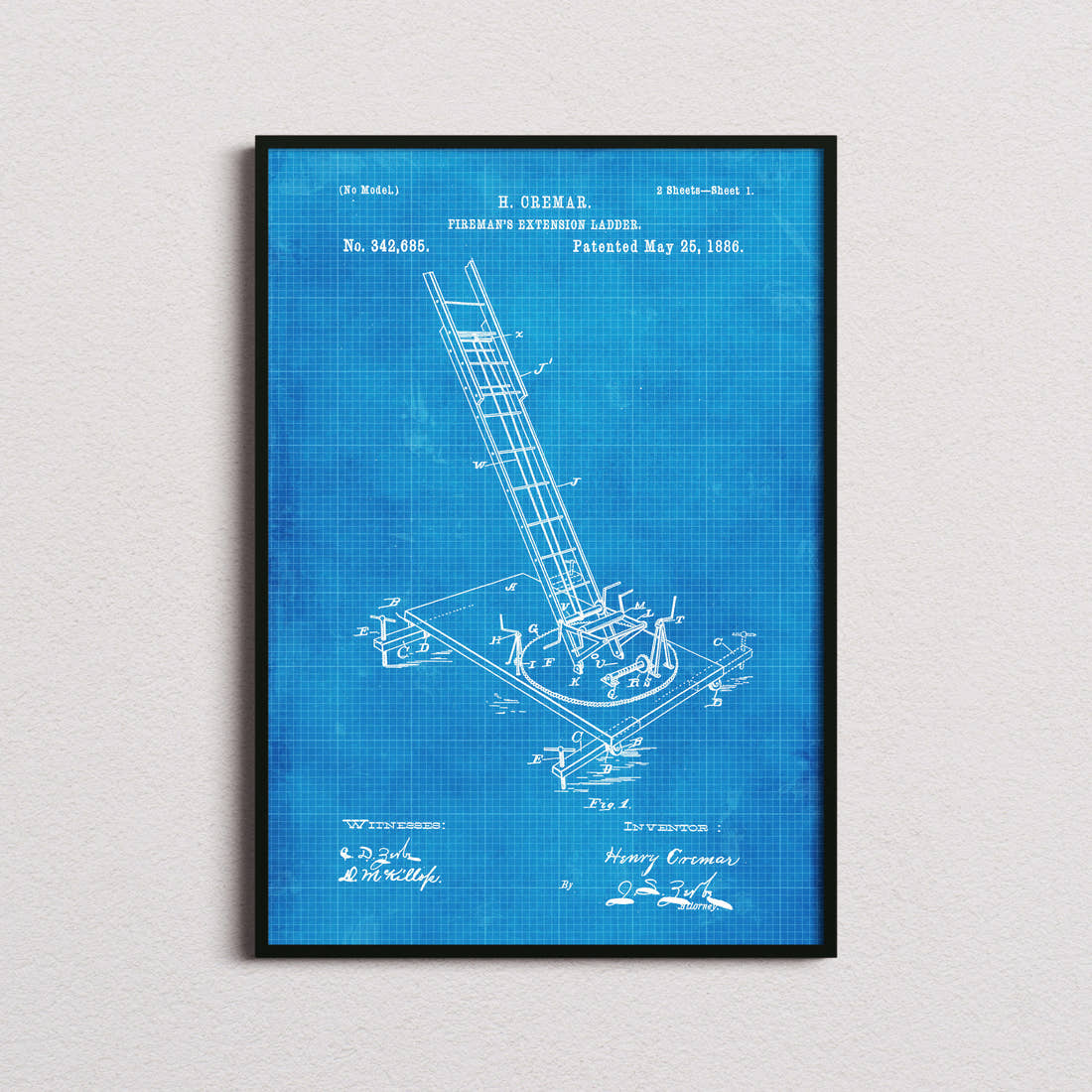 Firemens Extension Ladder Patent Print in the blueprint colourway, framed