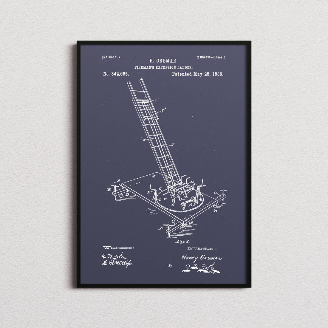 Firemens Extension Ladder Patent Print in the navy colourway, framed