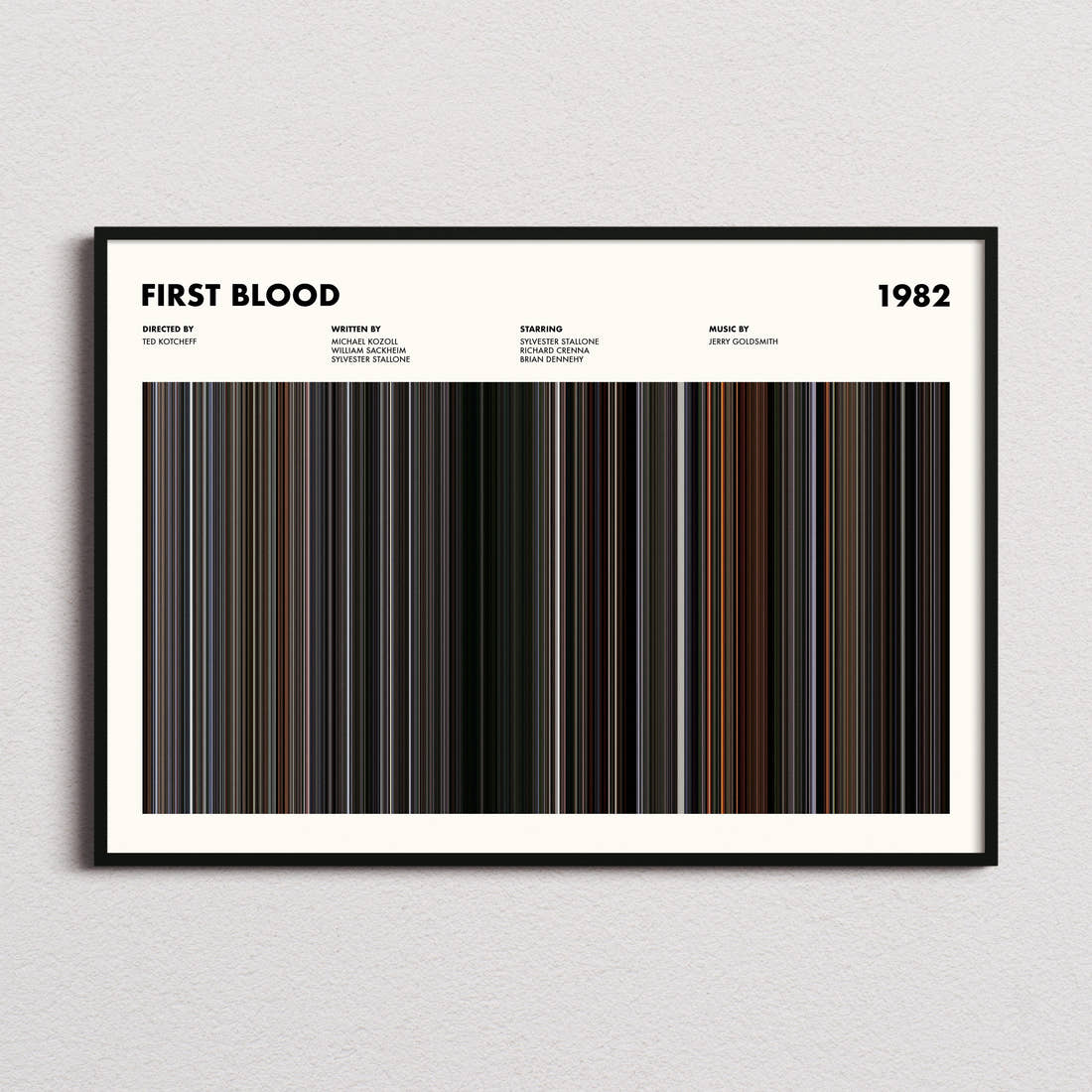 First Blood Movie Barcode Poster framed and photographed straight on