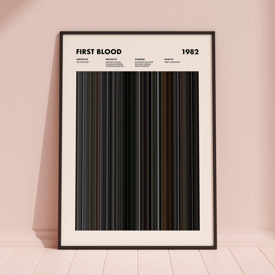 First Blood Movie Barcode Poster framed and leaning against a coloured wall