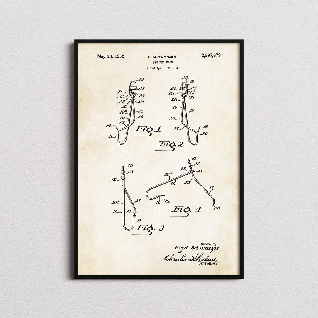 Fish Hook Patent Print in the aged paper colourway, framed