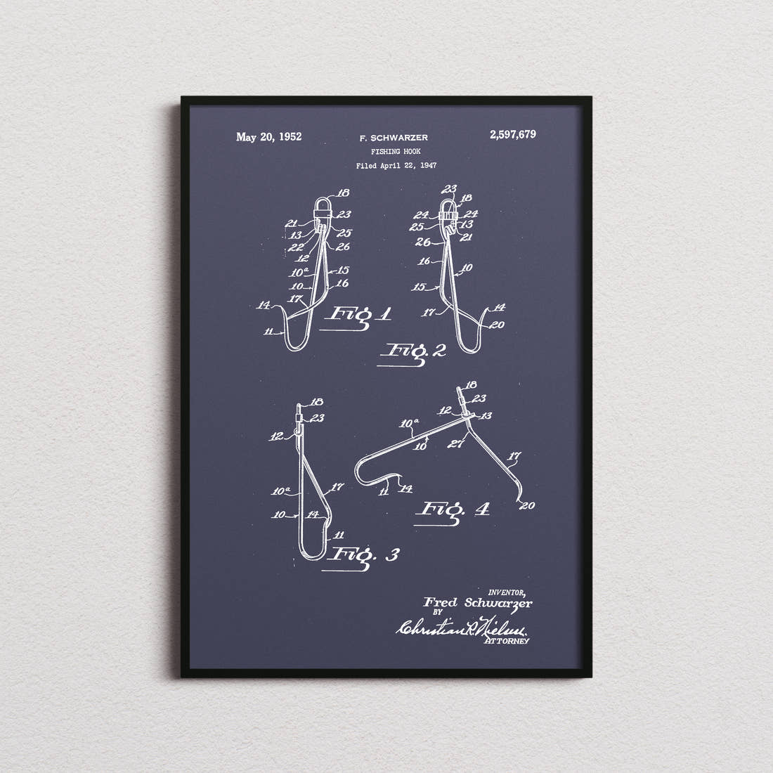 Fish Hook Patent Print in the navy colourway, framed