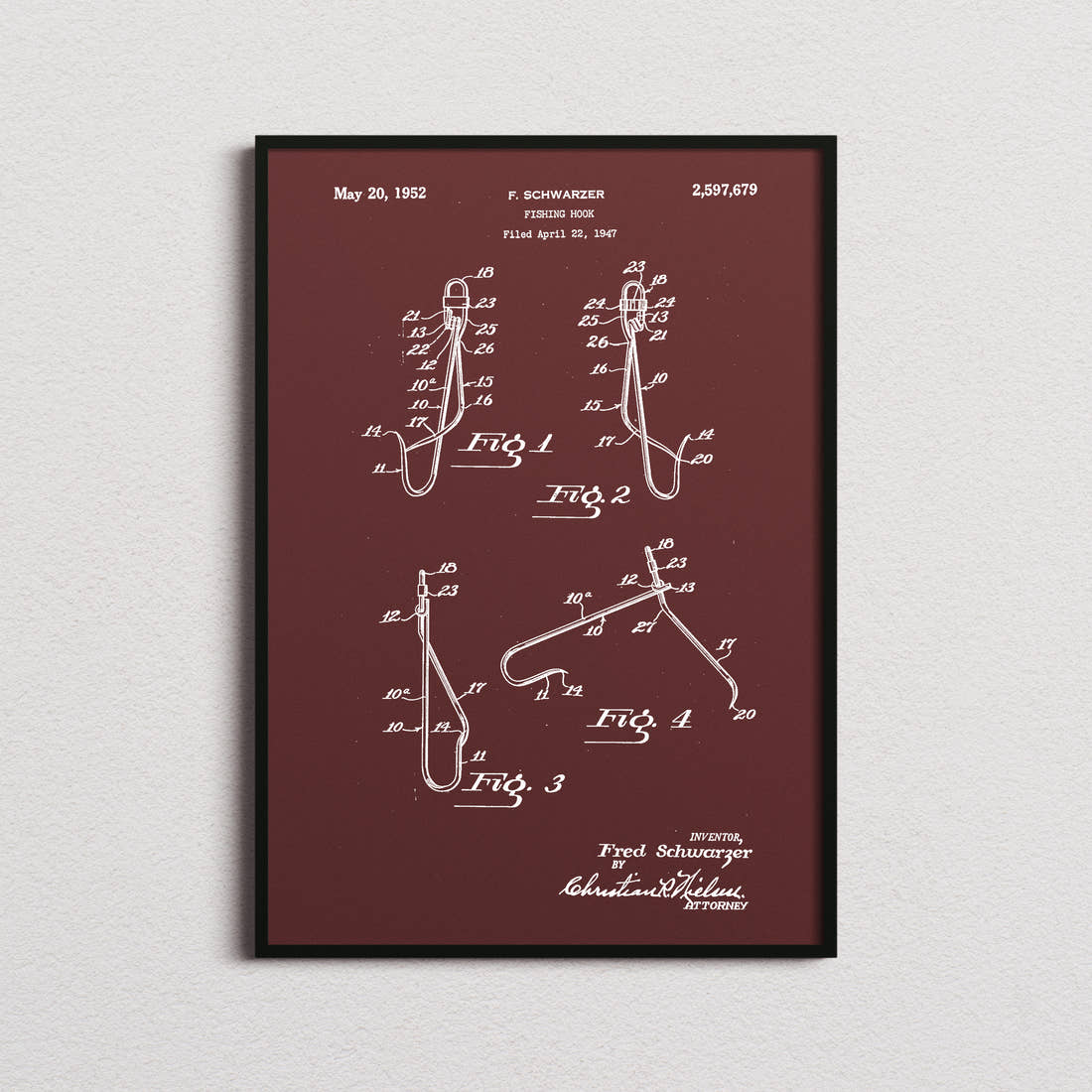 Fish Hook Patent Print in the burgundy colourway, framed