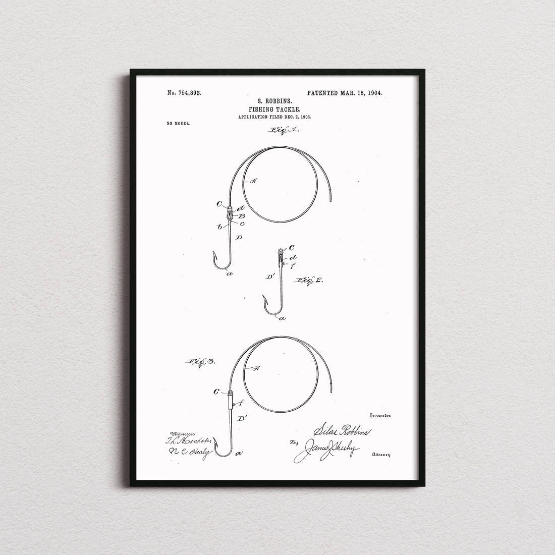 Fishing Tackle Patent Print in the white colourway, framed